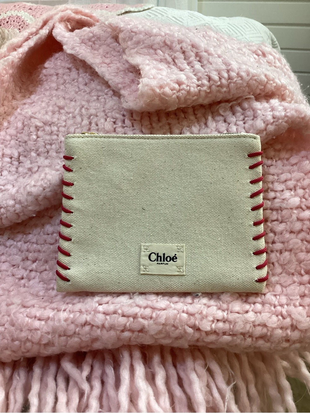 Chloe Canvas Zip Pouch in Cream with Pink Accent Stitching